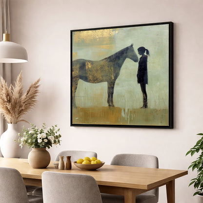 The Golden Bond horse & rider wall art displayed in a dining room