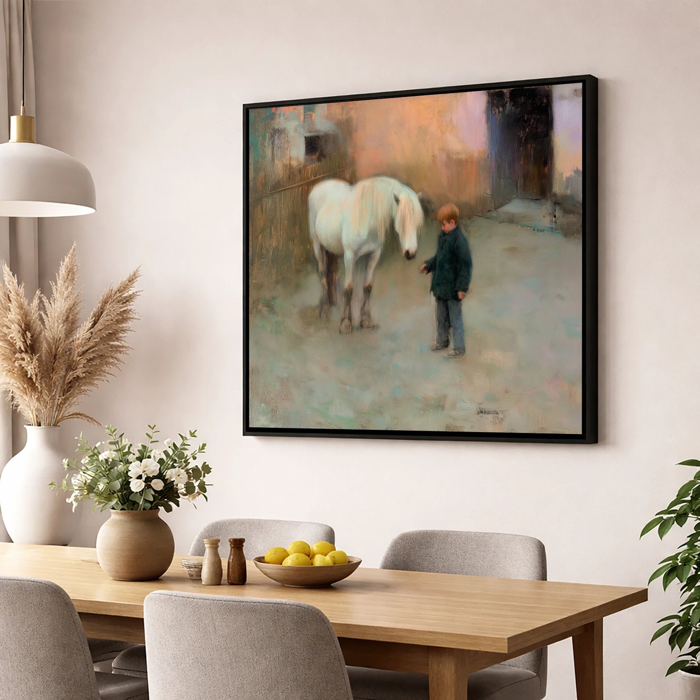A Quiet Understanding horse & rider wall art displayed in a dining room