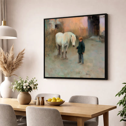 A Quiet Understanding horse & rider wall art displayed in a dining room