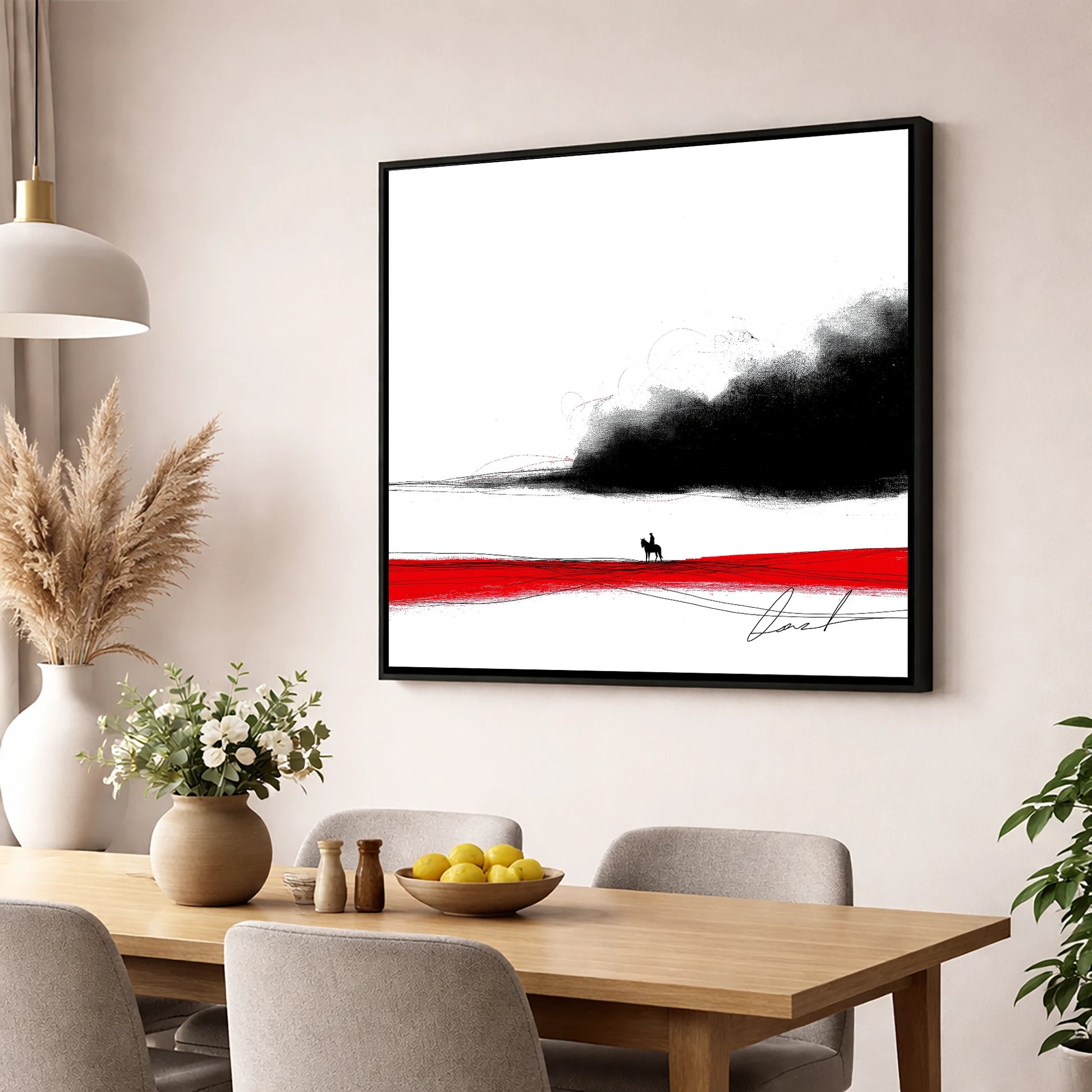 Crimson Horizon Silhouette western horse wall art displayed in a dining room