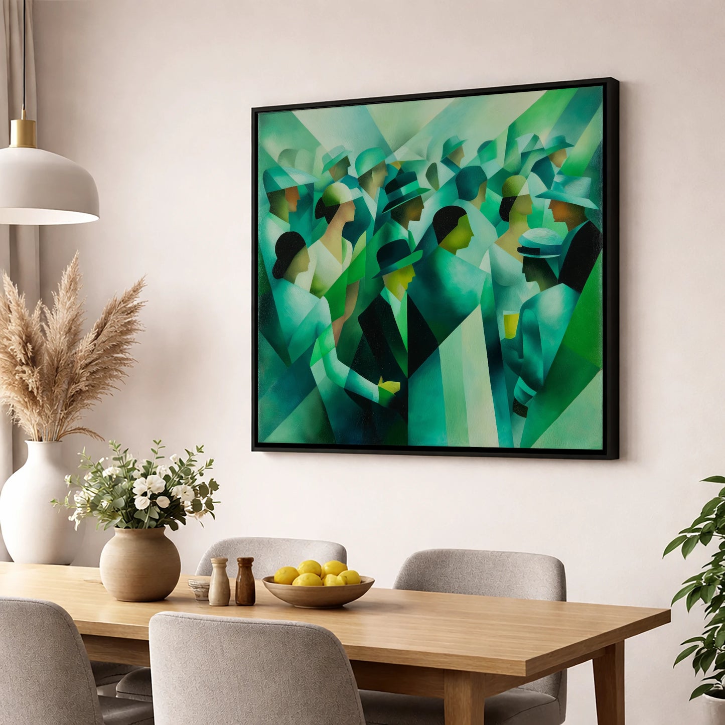 The Emerald Enclosure racing horse wall art displayed in a dining room