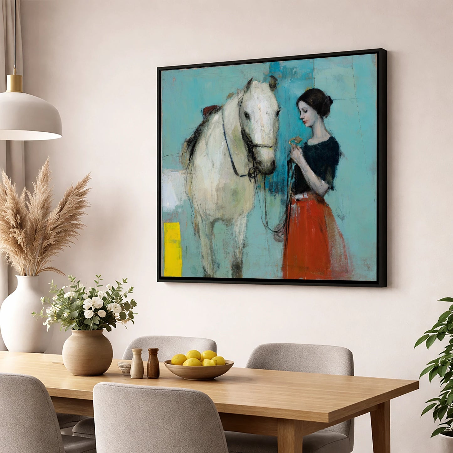 Silent Understanding horse & rider wall art displayed in a dining room