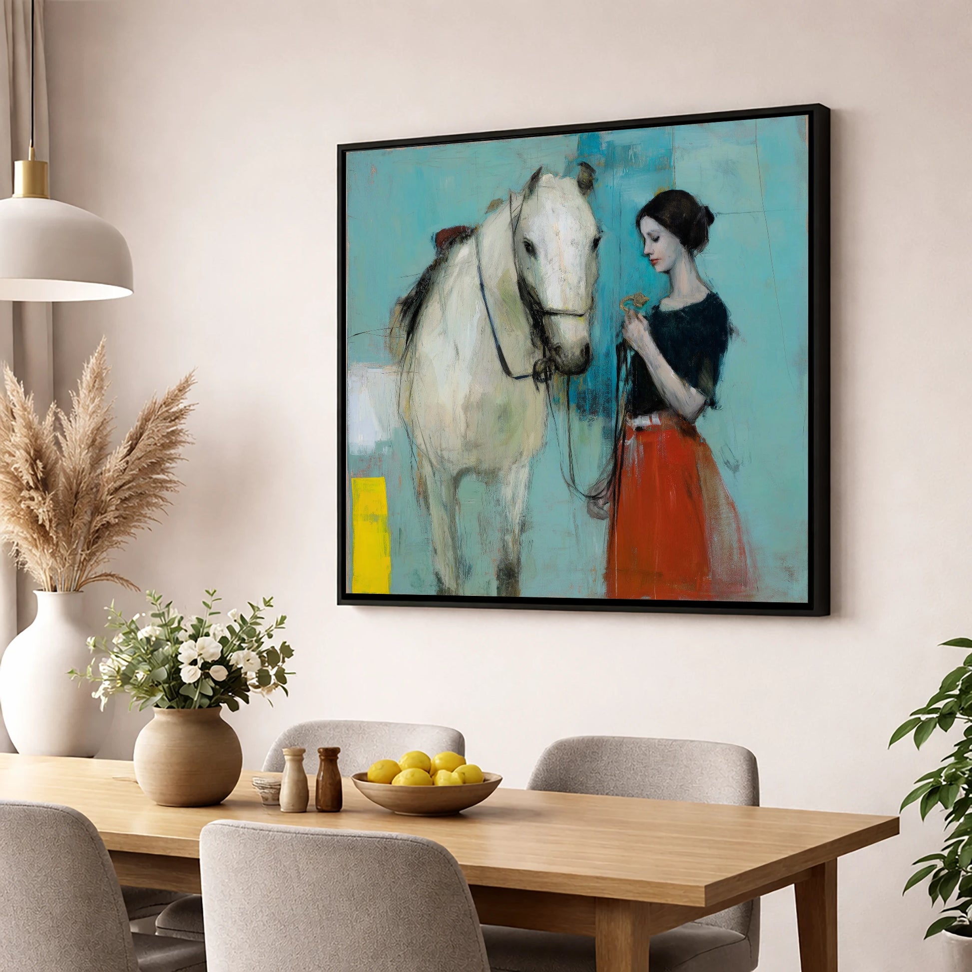 Silent Understanding horse & rider wall art displayed in a dining room