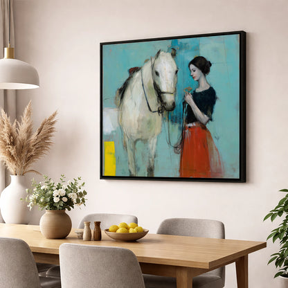 Silent Understanding horse & rider wall art displayed in a dining room