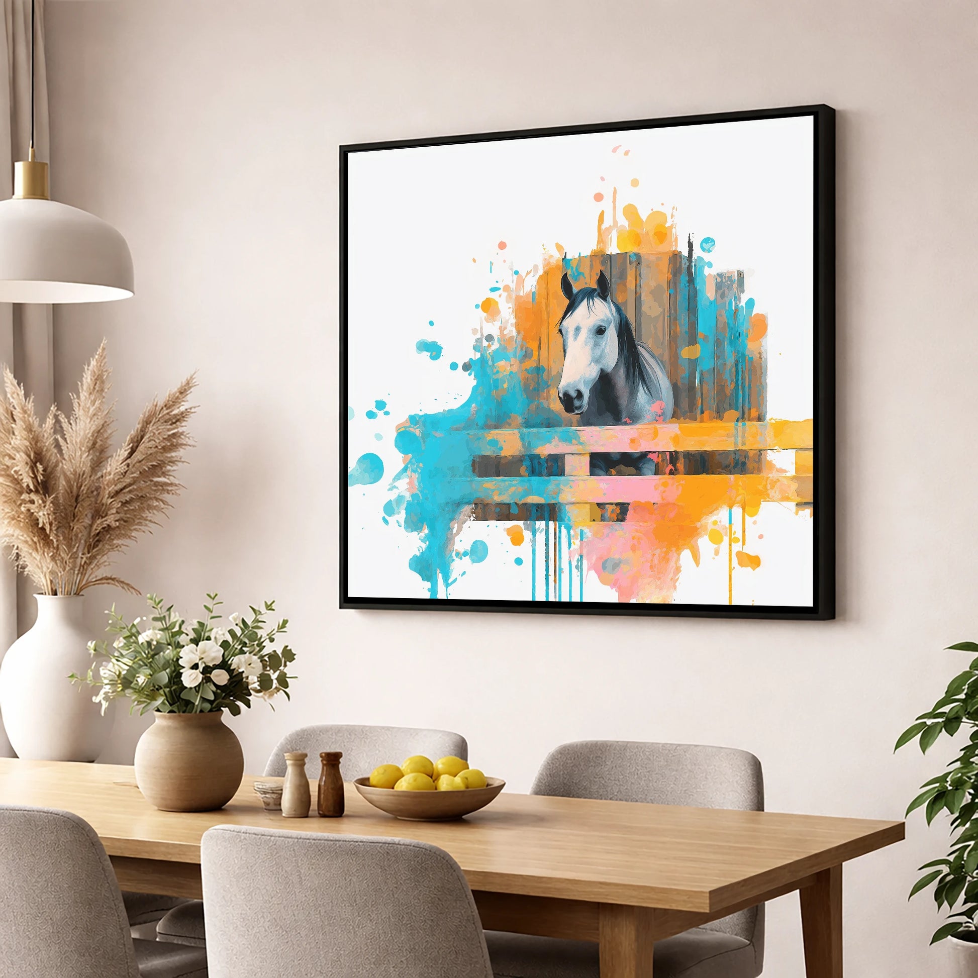 The Inquisitive Grey horse stable wall art displayed in a dining room
