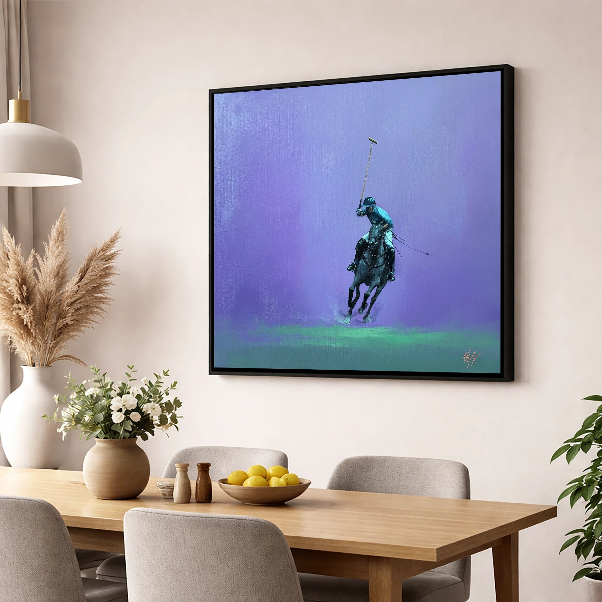 The Violet Chukka polo horse wall art displayed in a dining room