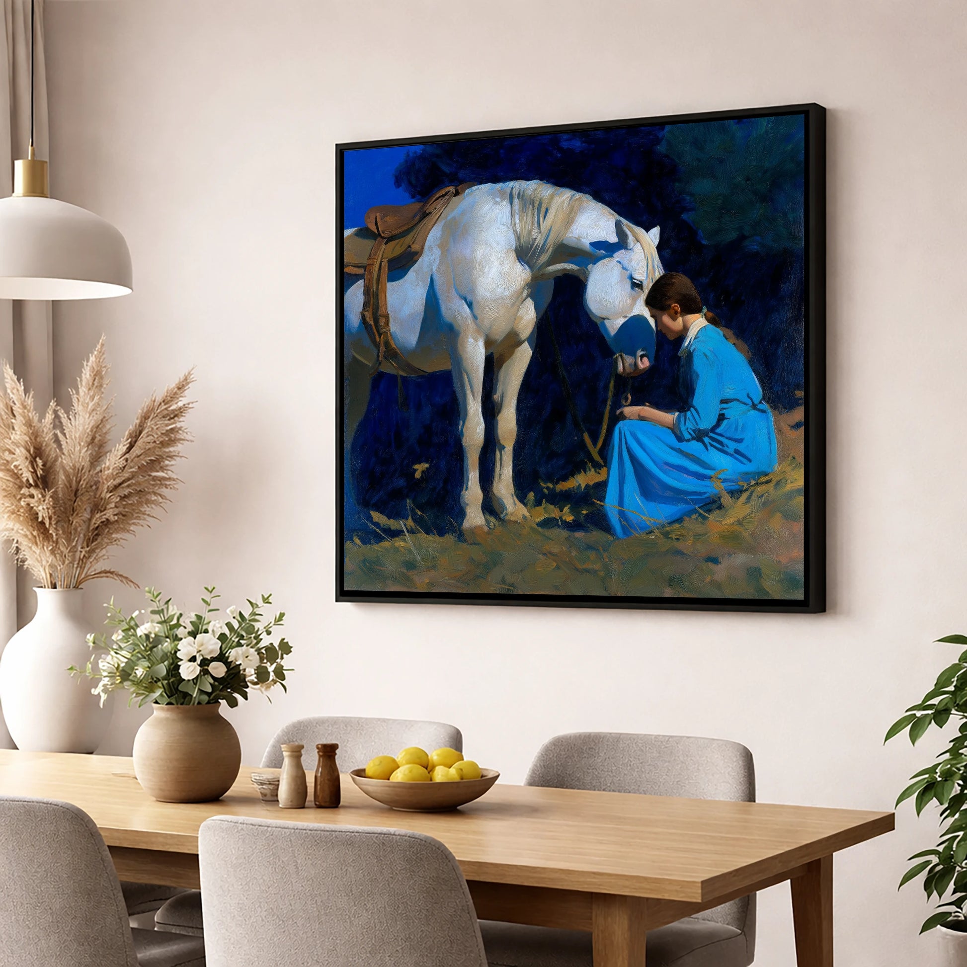 Bond in Blue and Gold horse & rider wall art displayed in a dining room