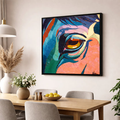 Vibrant Equine Gaze horse portrait wall art displayed in a dining room