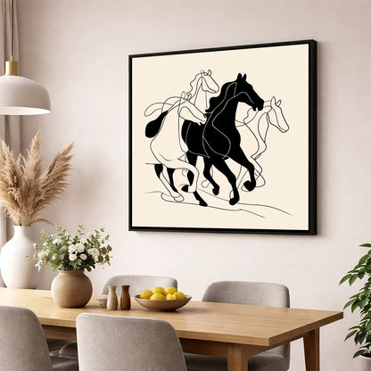 Fluid Equine Silhouette wild horses wall art displayed in a dining room