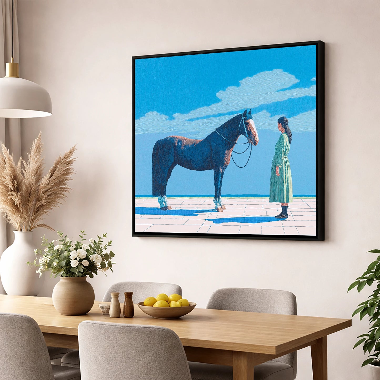 The Quiet Bond horse & rider wall art displayed in a dining room