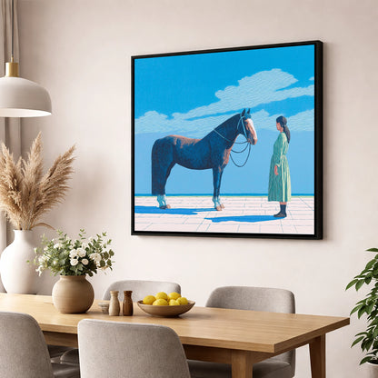 The Quiet Bond horse & rider wall art displayed in a dining room