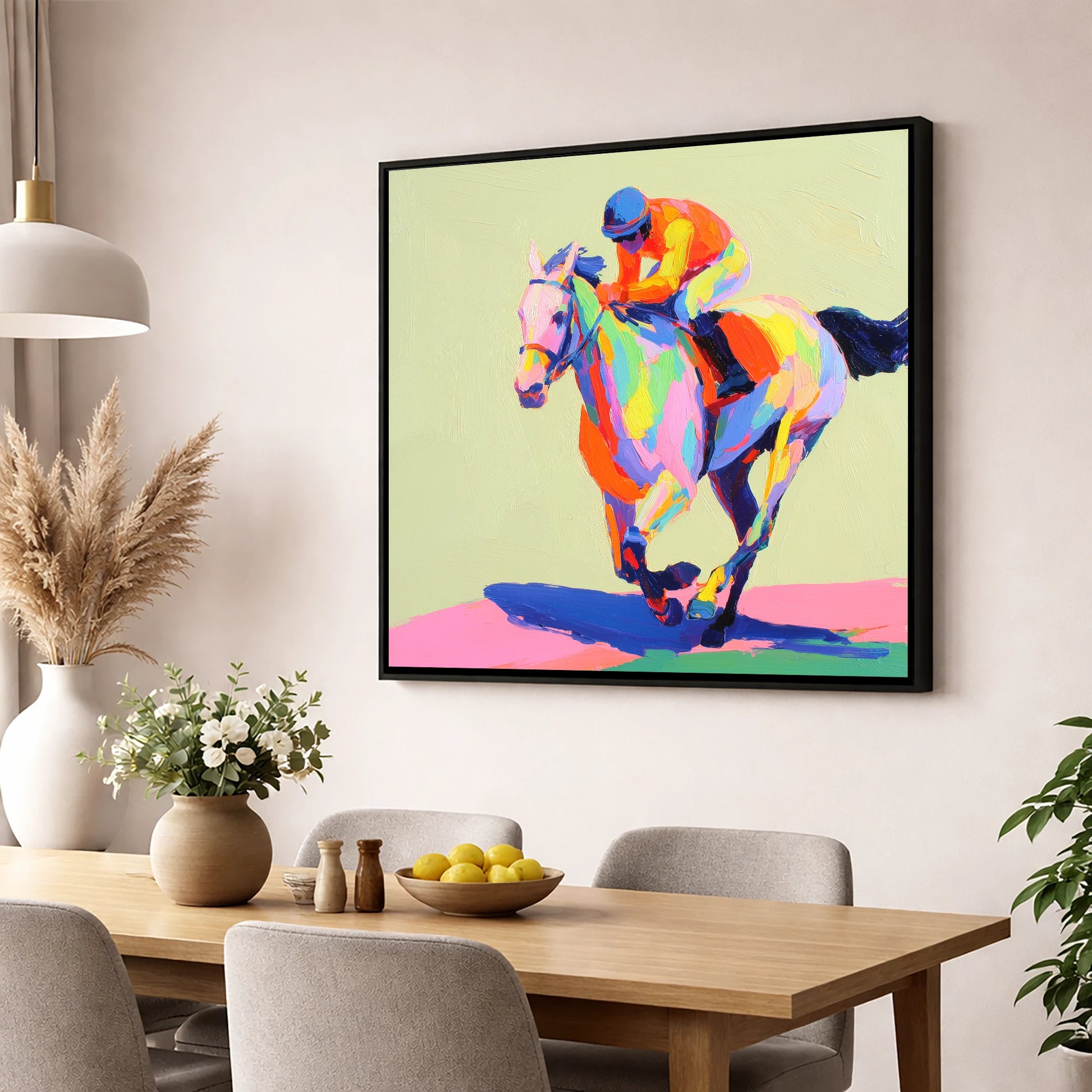 Technicolour Sprint racing horse wall art displayed in a dining room