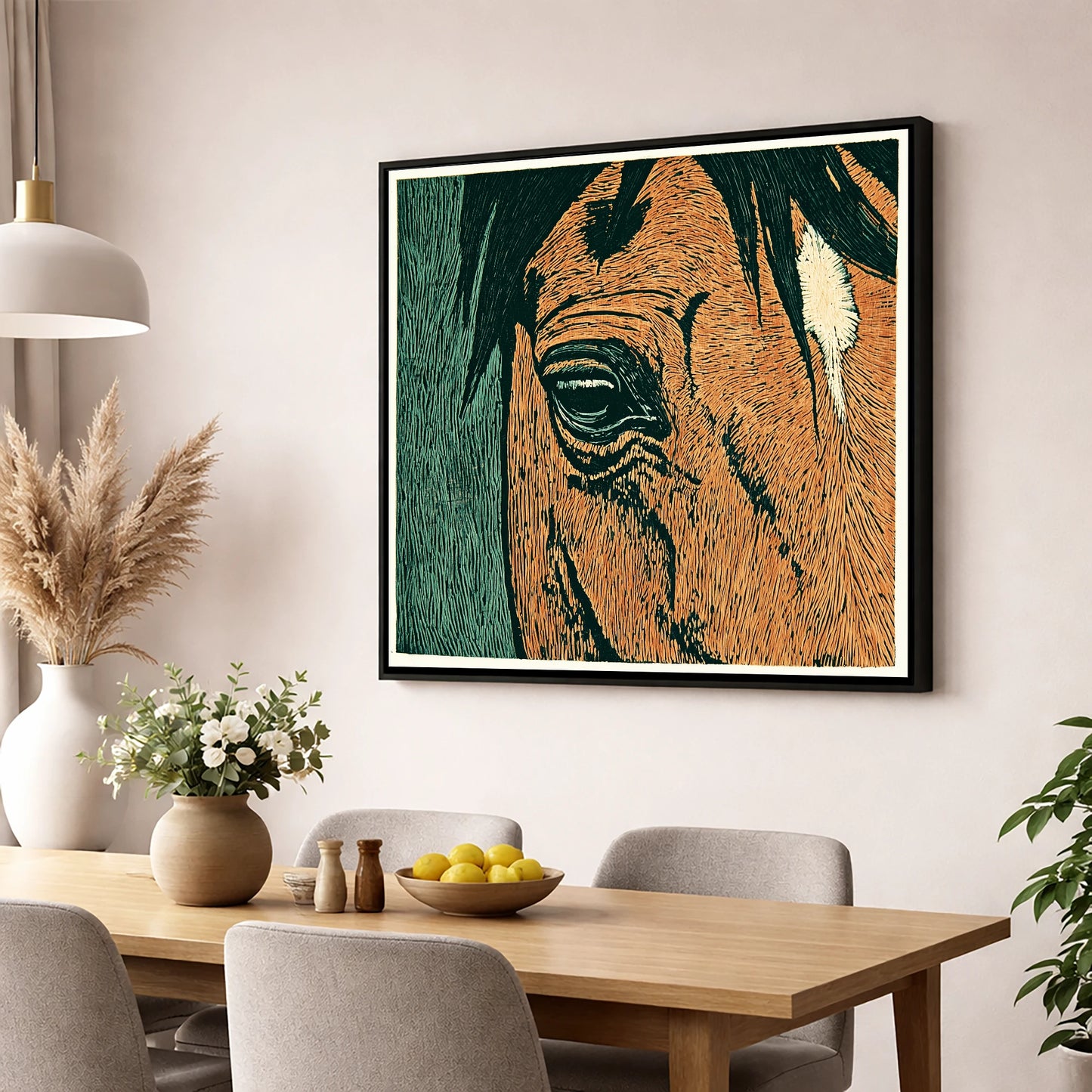 The Chestnut Gaze horse portrait wall art displayed in a dining room
