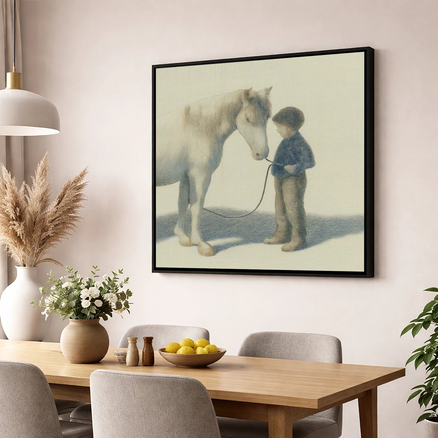 A Quiet Understanding horse & rider wall art displayed in a dining room
