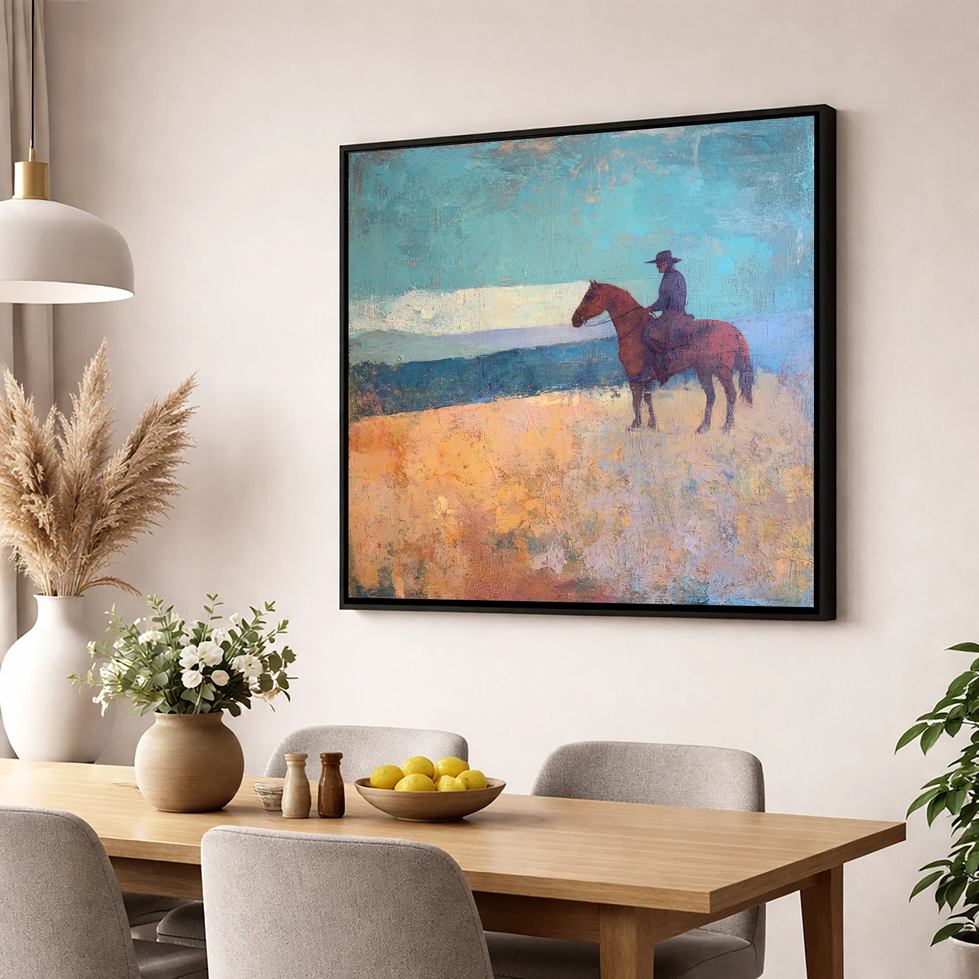 The Quiet Frontier western horse wall art displayed in a dining room