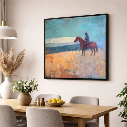 The Quiet Frontier western horse wall art displayed in a dining room