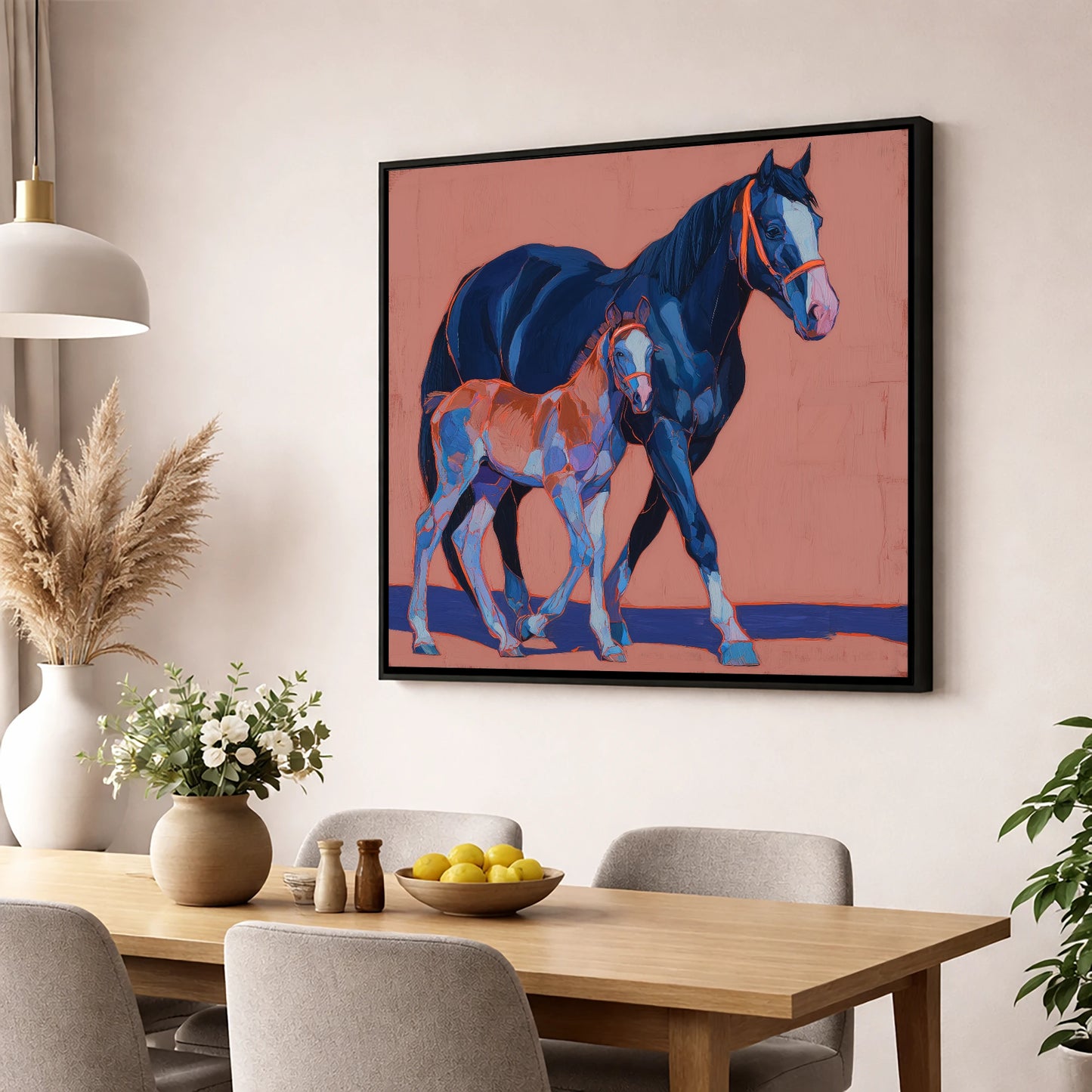 Bold Beginnings mare & foal wall art displayed in a dining room