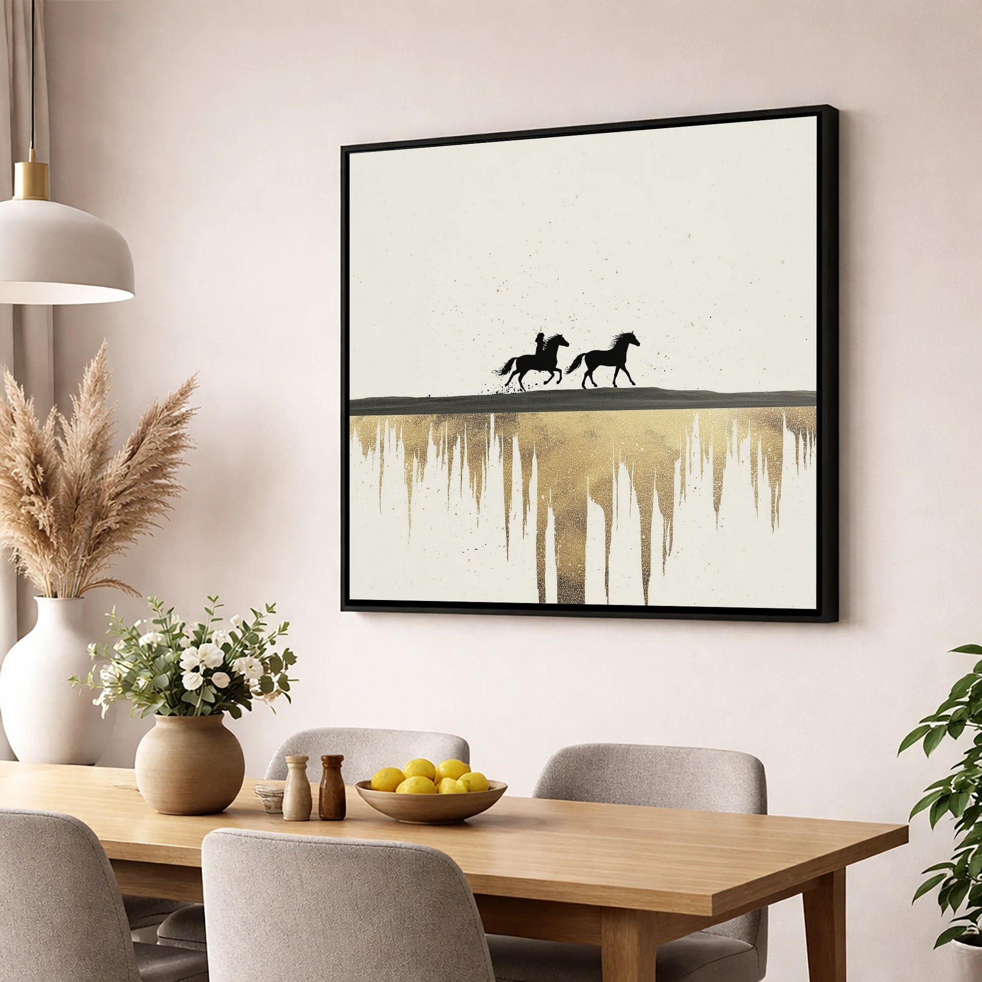 Golden Horizon Silhouettes horse landscape wall art displayed in a dining room