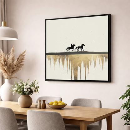 Golden Horizon Silhouettes horse landscape wall art displayed in a dining room