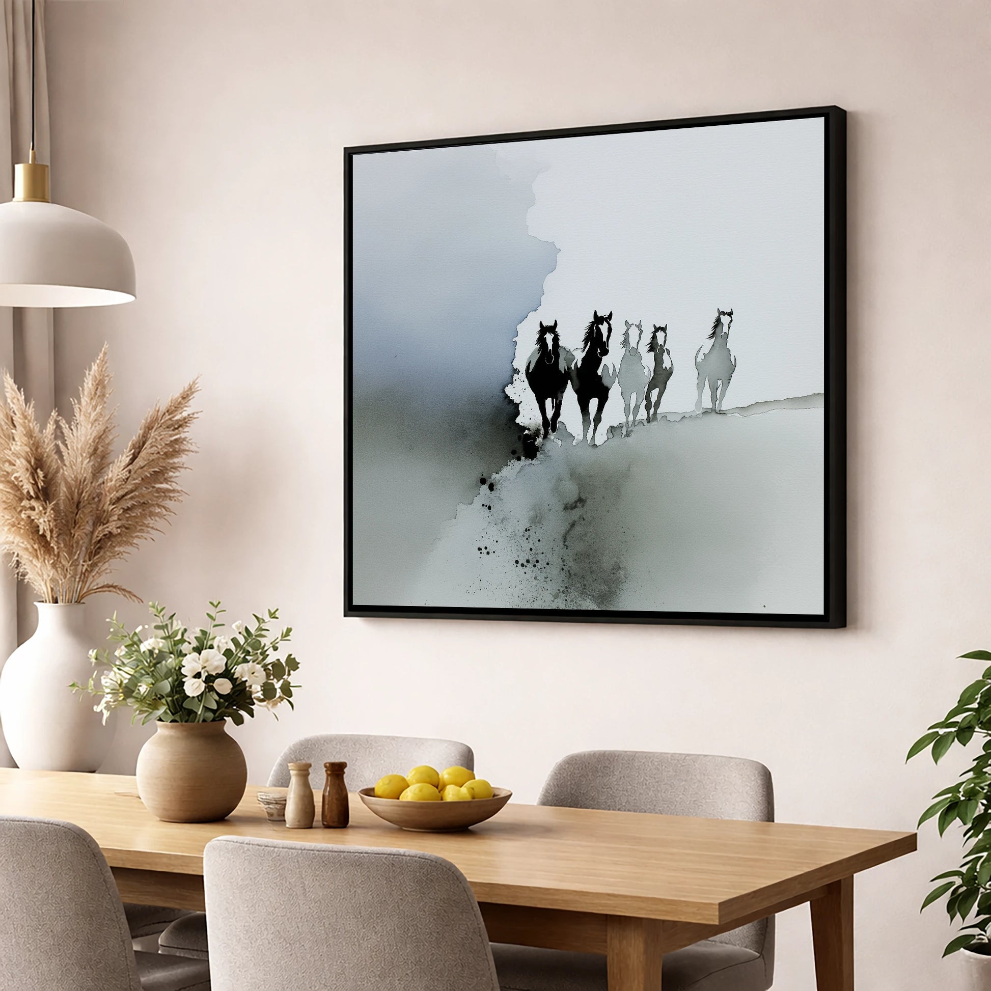 Emerging From the Mist wild horses wall art displayed in a dining room