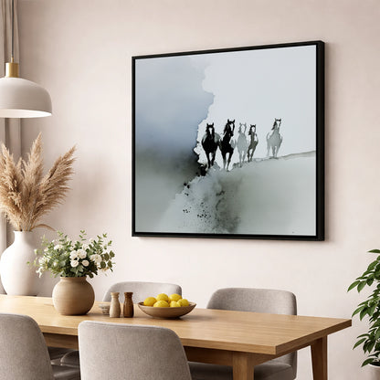 Emerging From the Mist wild horses wall art displayed in a dining room