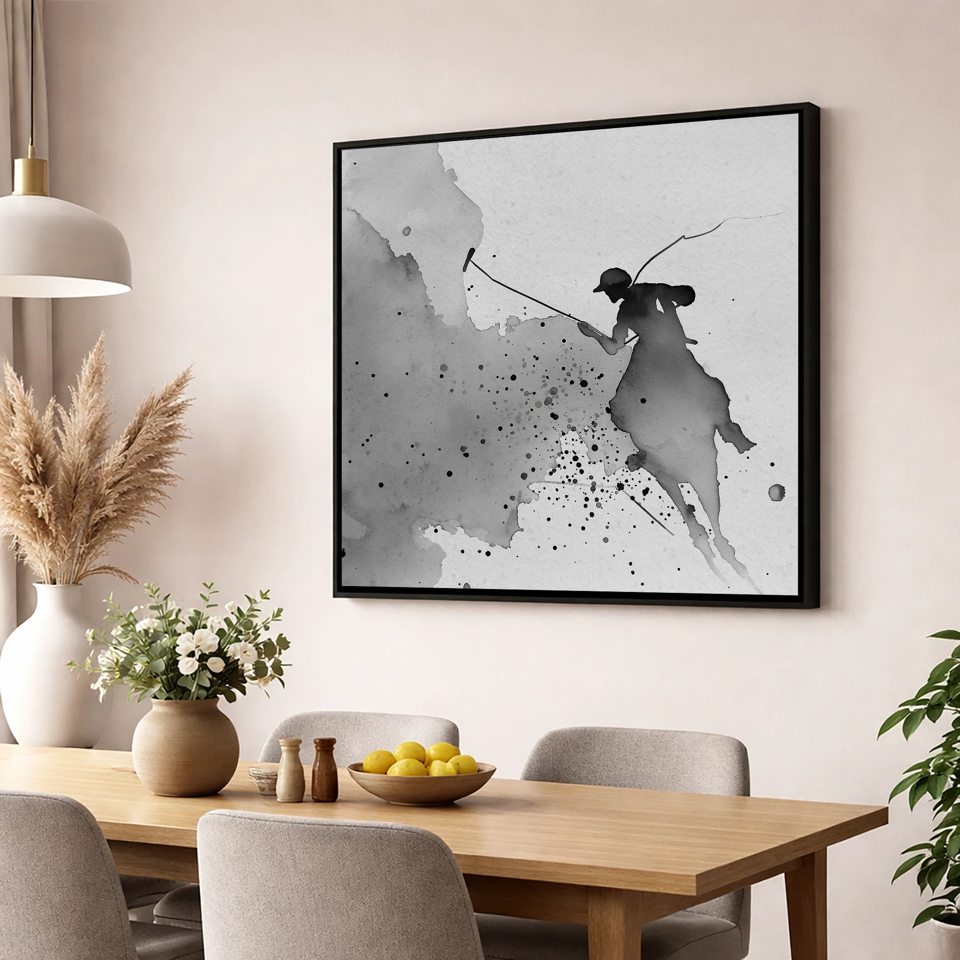 Dynamic Polo Silhouette polo horse wall art displayed in a dining room