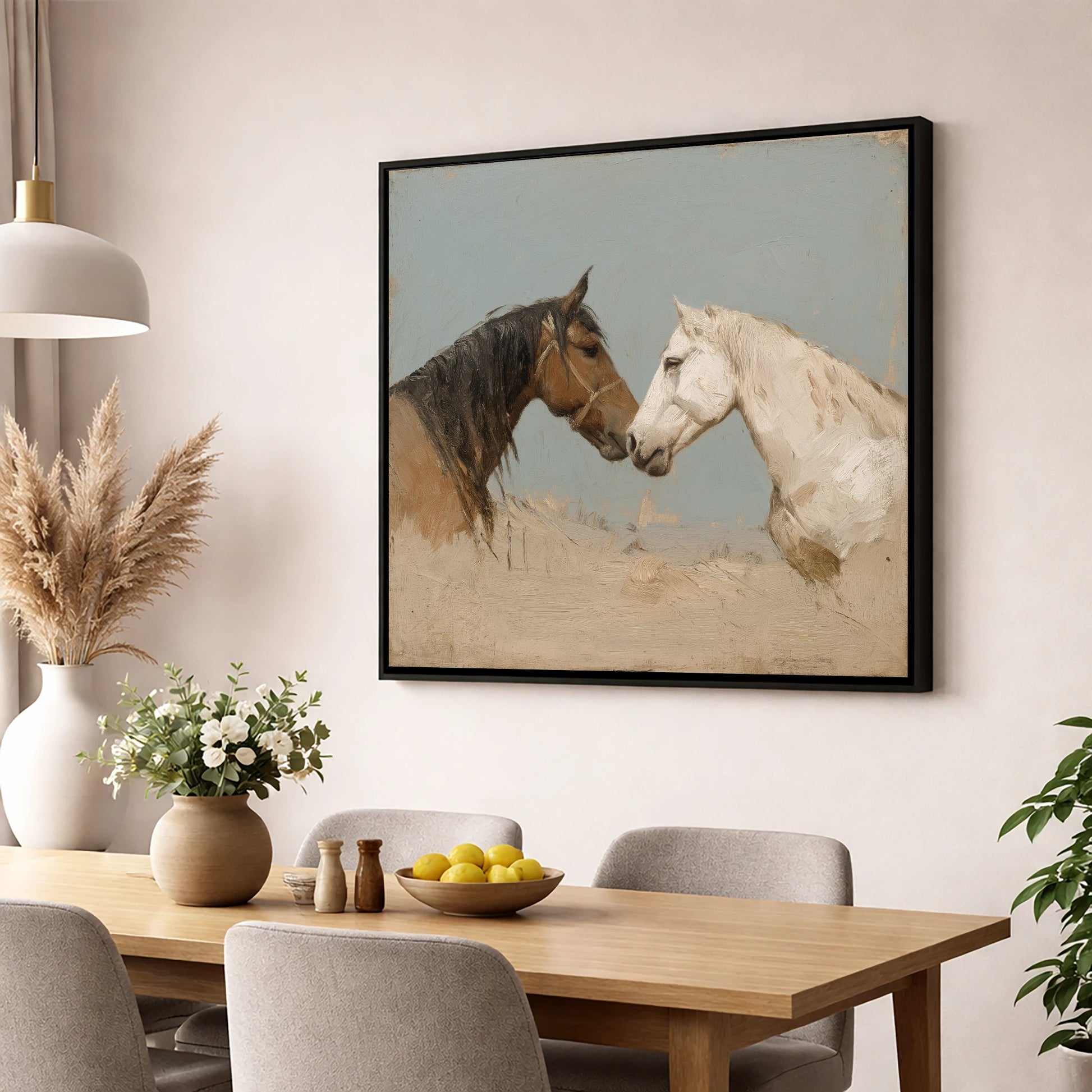 Kindred Spirits horse portrait wall art displayed in a dining room