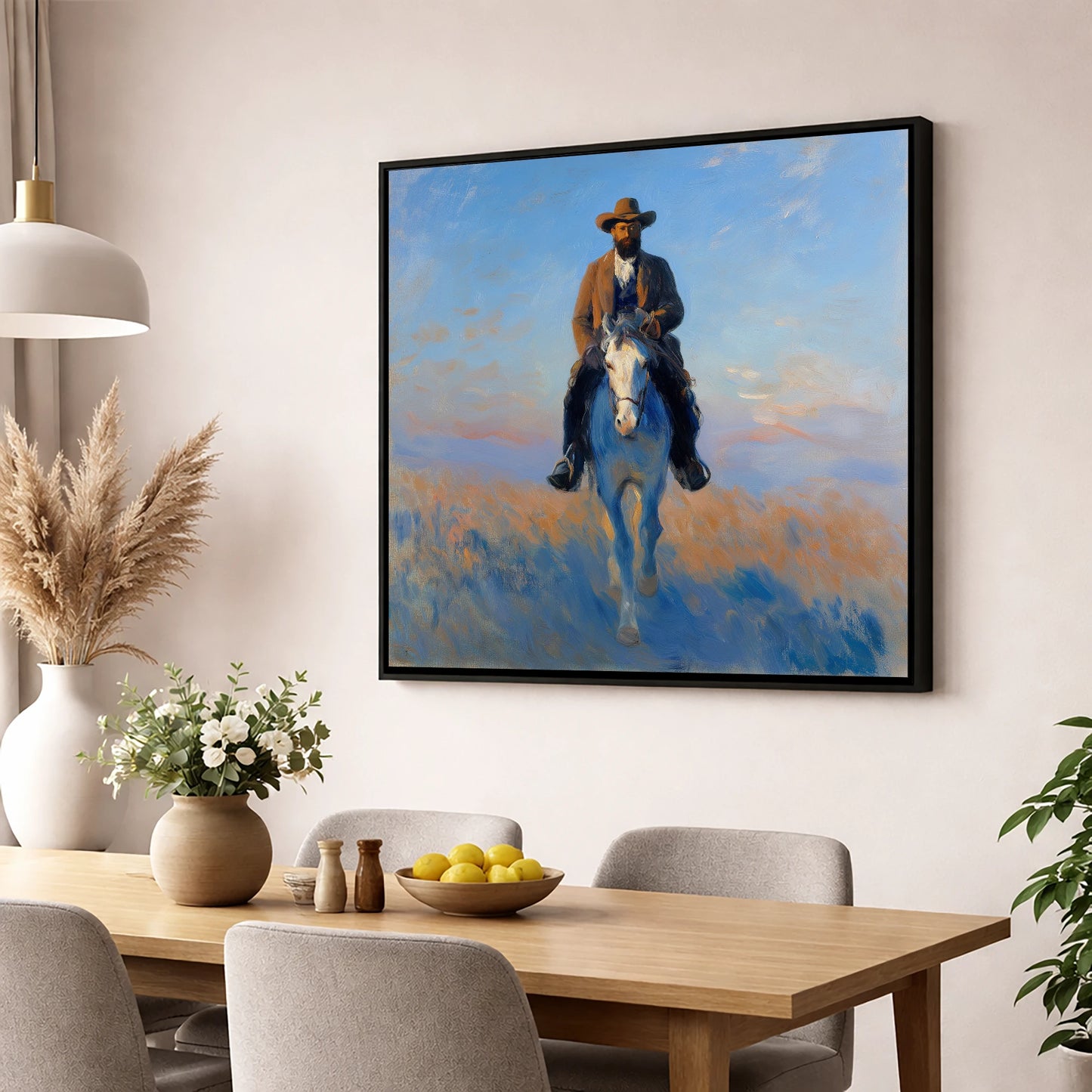 The Luminous Frontier western horse wall art displayed in a dining room