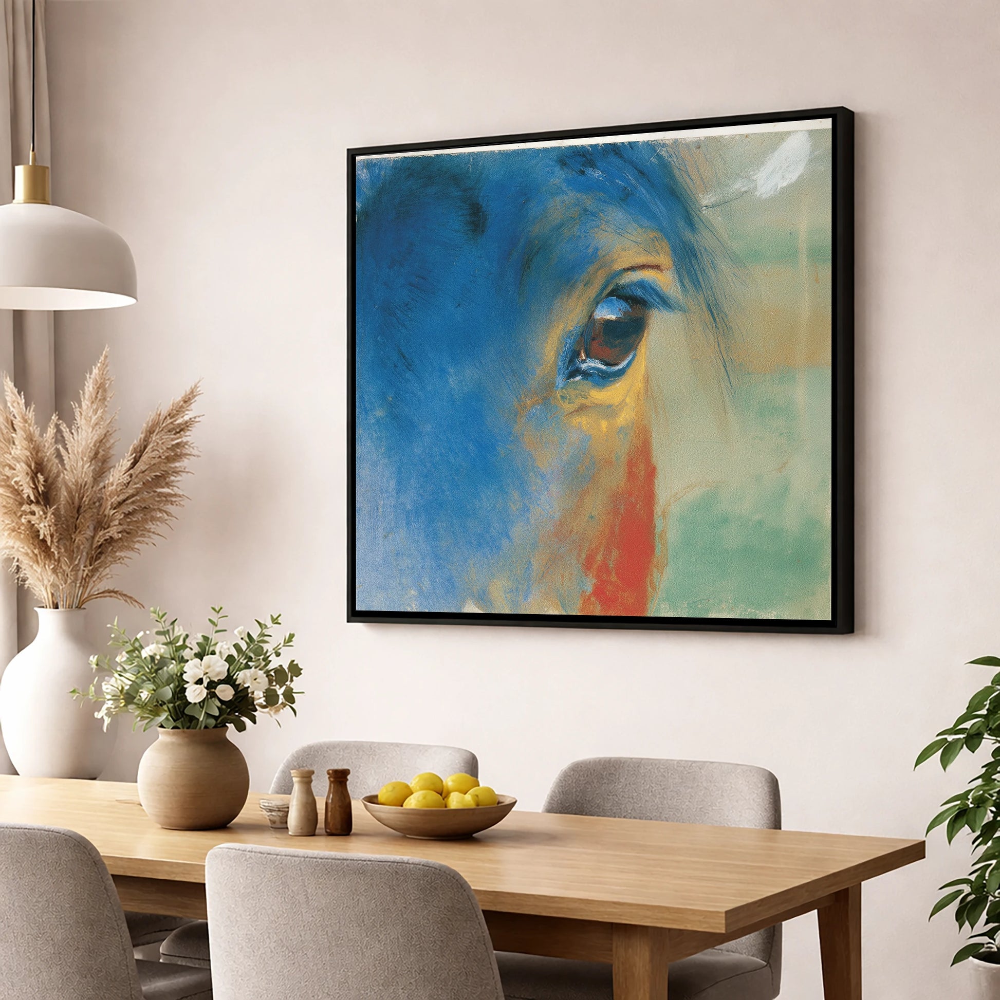 The Cerulean Gaze horse portrait wall art displayed in a dining room