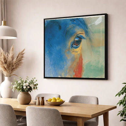 The Cerulean Gaze horse portrait wall art displayed in a dining room