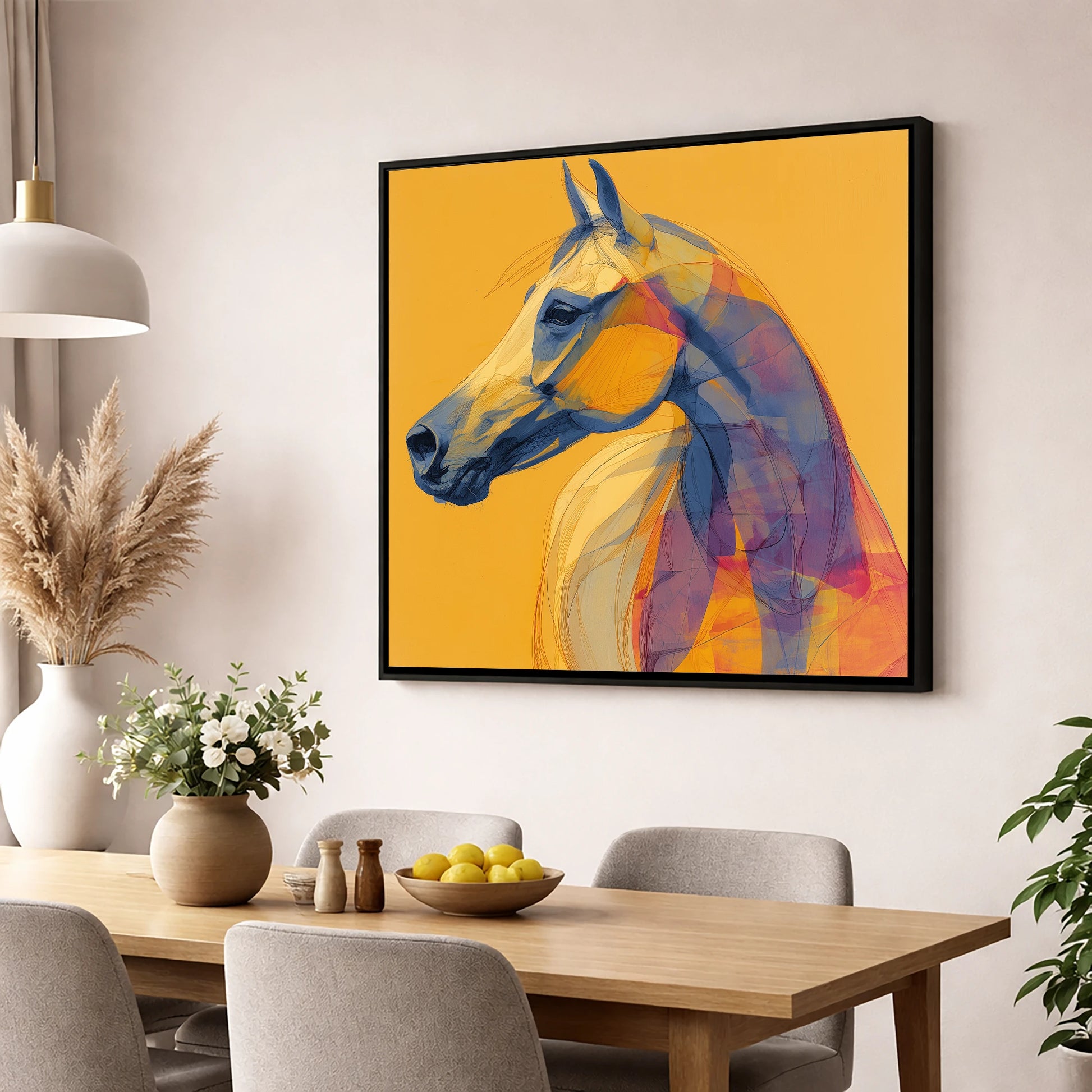 Cobalt and Gold Arabian horse breed wall art displayed in a dining room