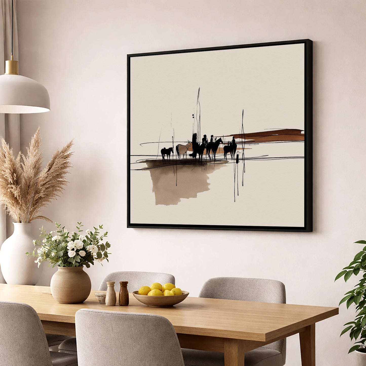 Silhouettes on the Wash horse landscape wall art displayed in a dining room
