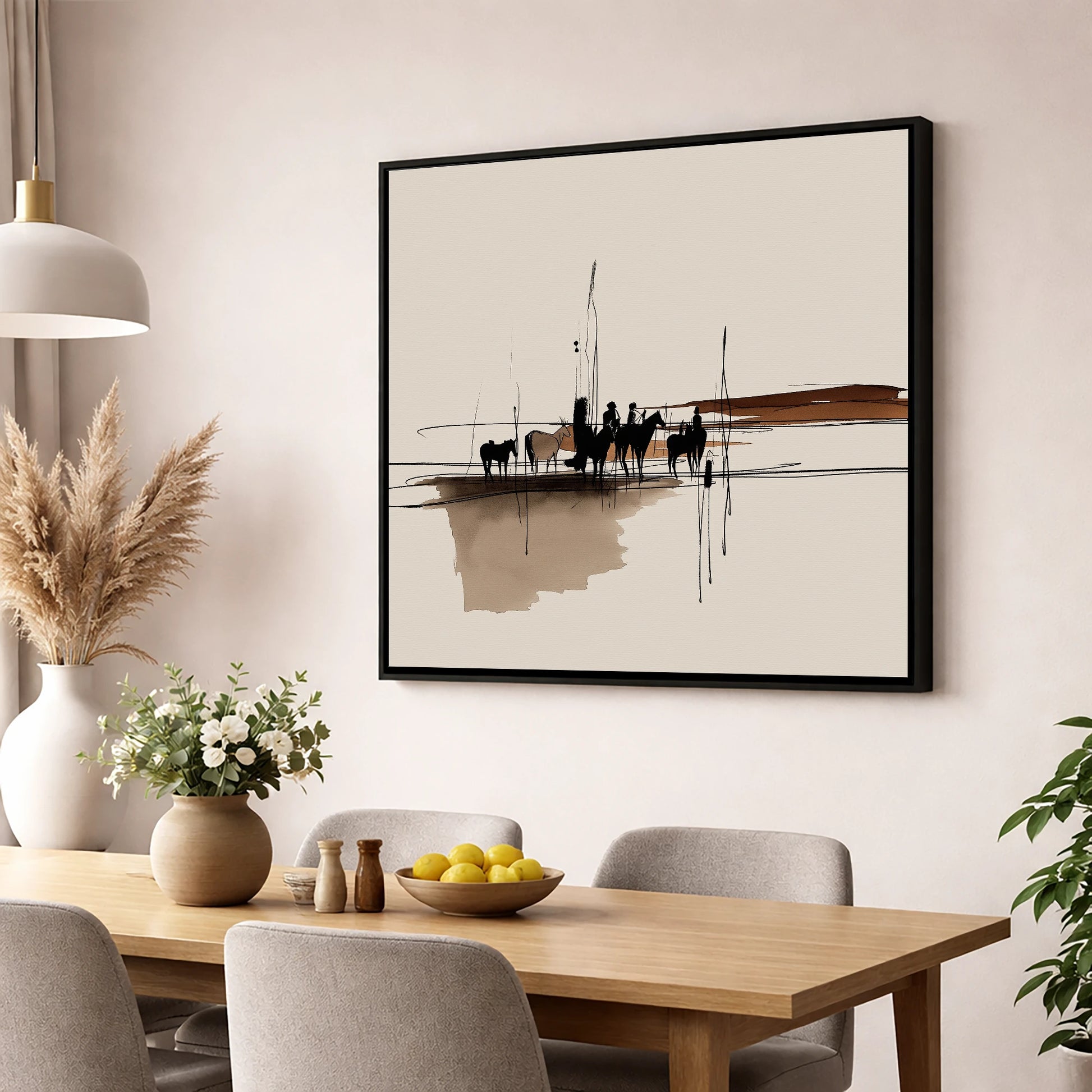 Silhouettes on the Wash horse landscape wall art displayed in a dining room