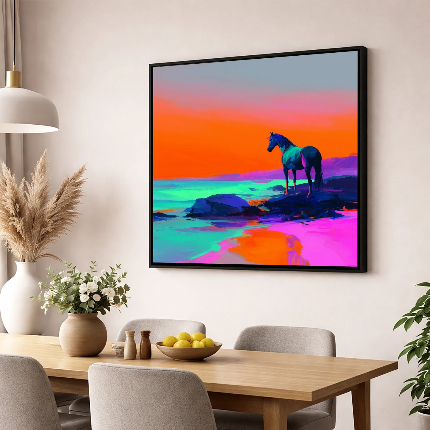 Neon Horizon Vigil horse landscape wall art displayed in a dining room