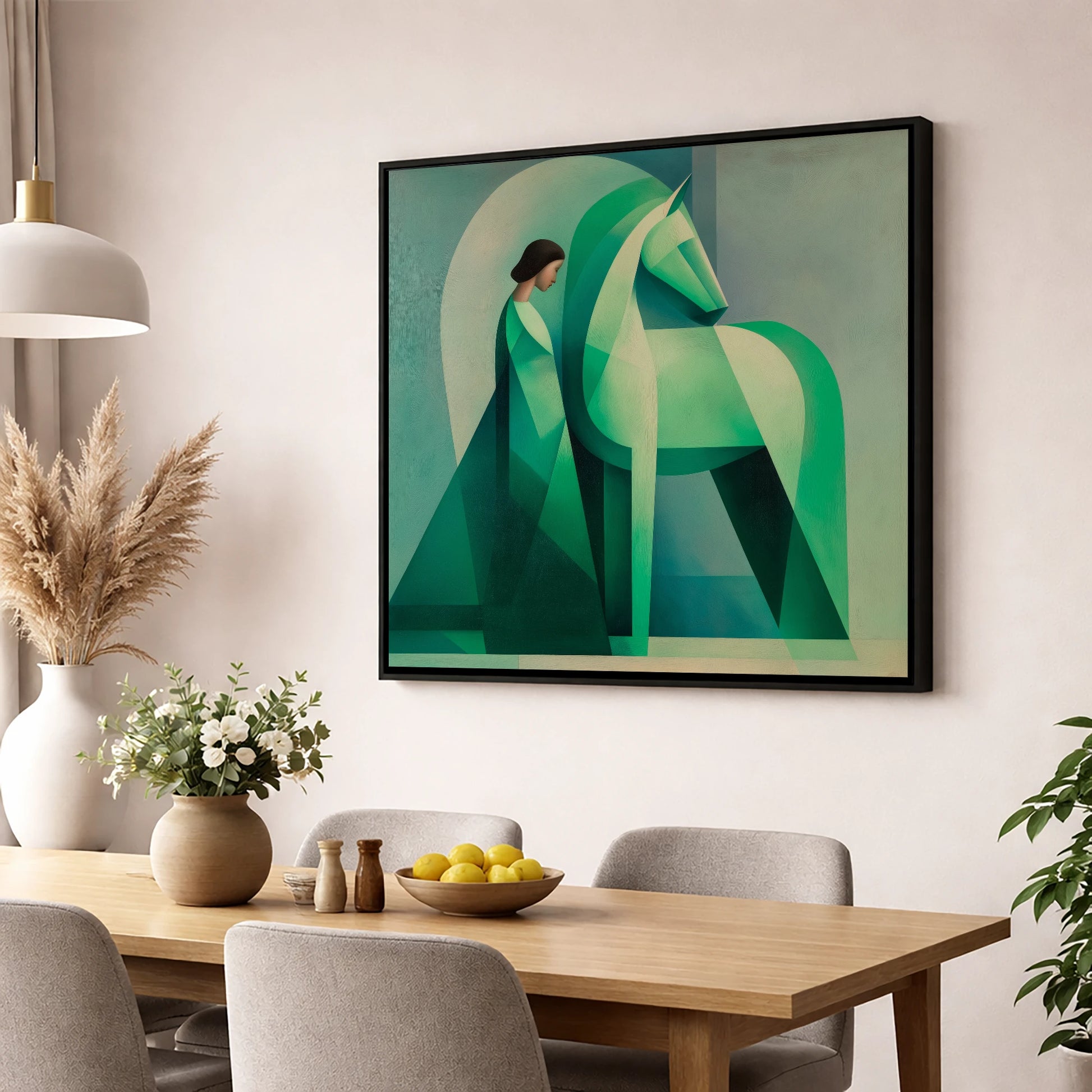 Facets of Connection horse & rider wall art displayed in a dining room
