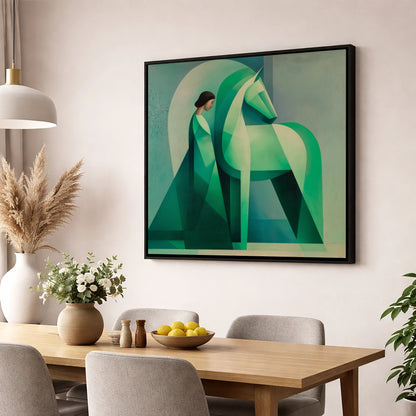 Facets of Connection horse & rider wall art displayed in a dining room