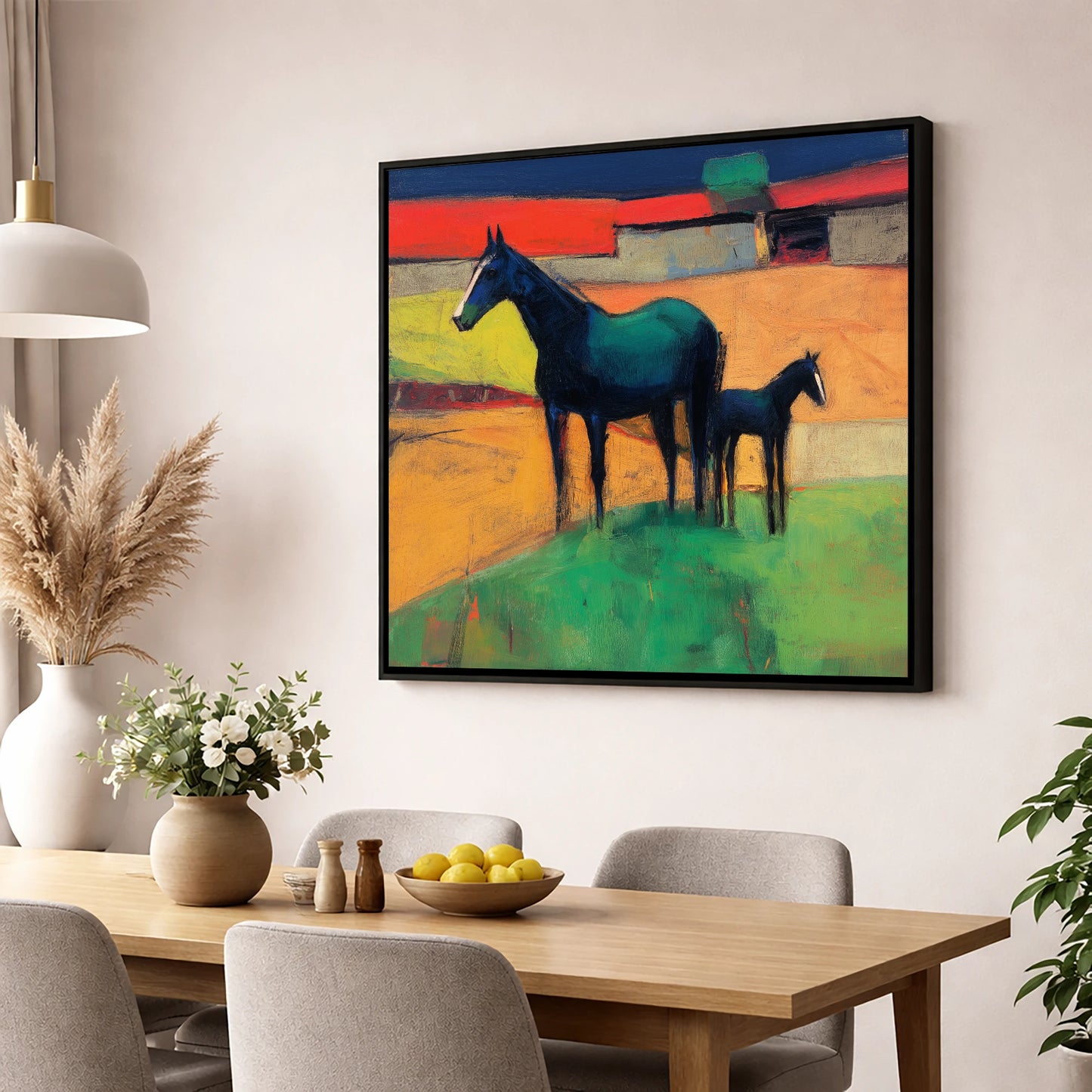Midnight Sapphire Bond mare & foal wall art displayed in a dining room