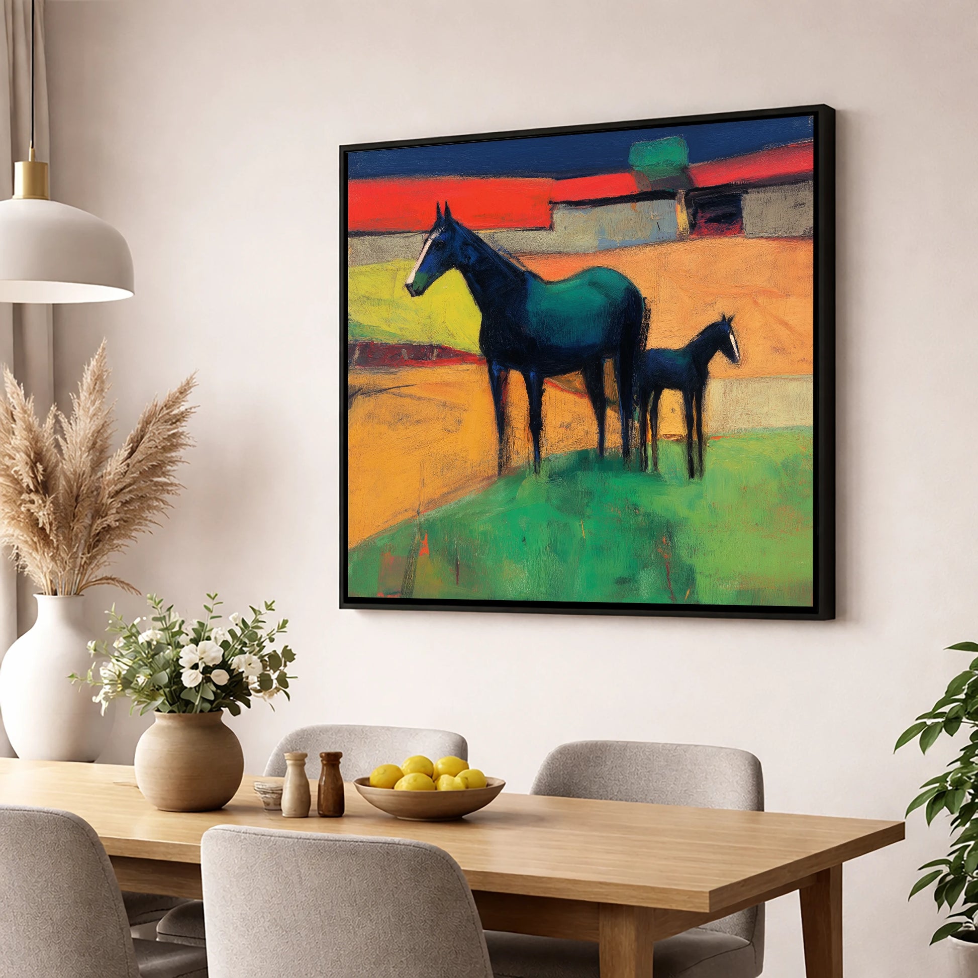 Midnight Sapphire Bond mare & foal wall art displayed in a dining room