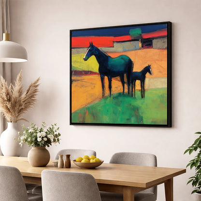 Midnight Sapphire Bond mare & foal wall art displayed in a dining room