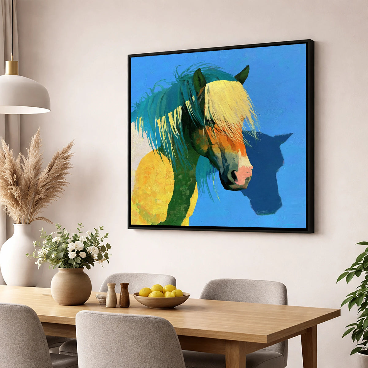 Bold Yellow and Teal Horse horse breed wall art displayed in a dining room