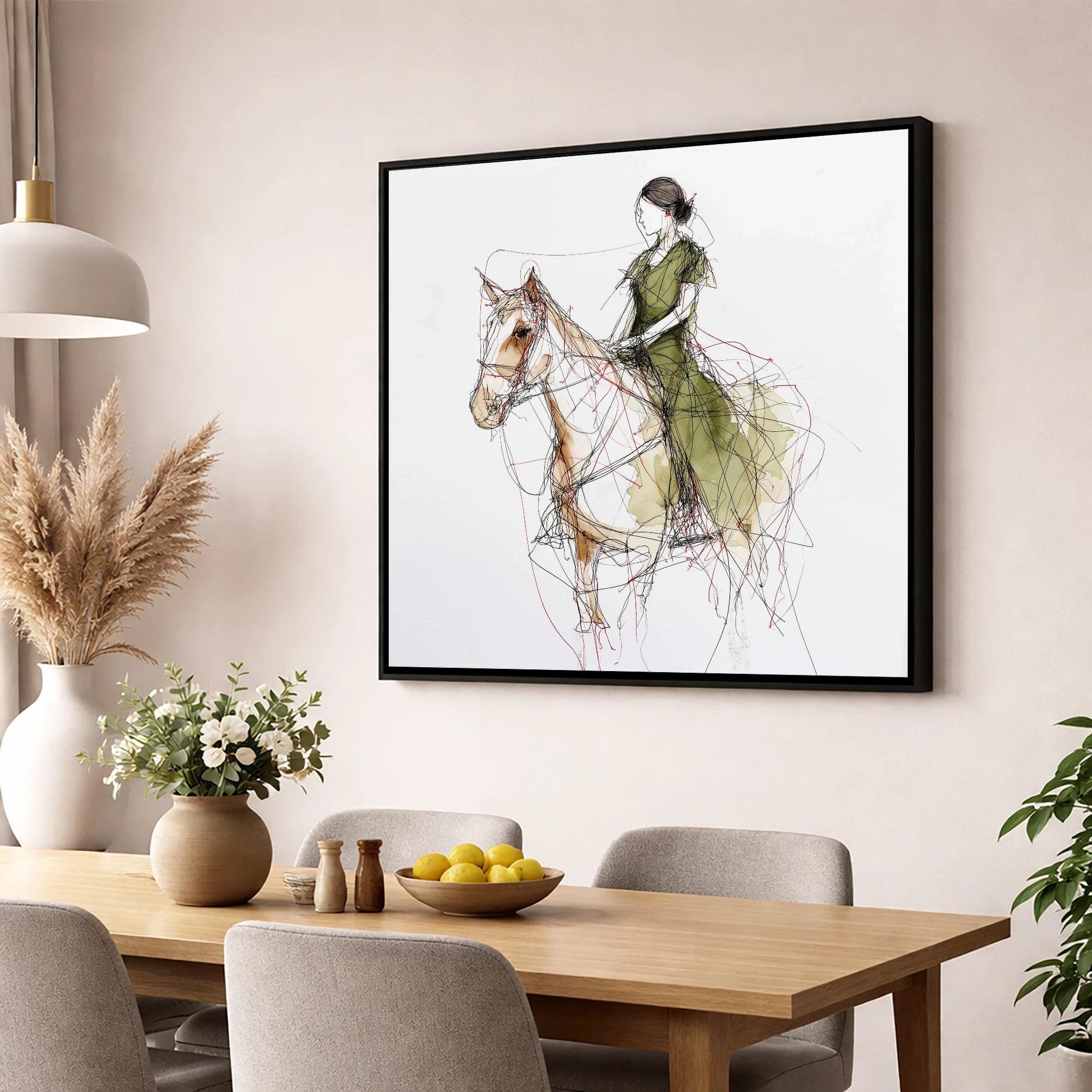 Threads of Connection horse & rider wall art displayed in a dining room