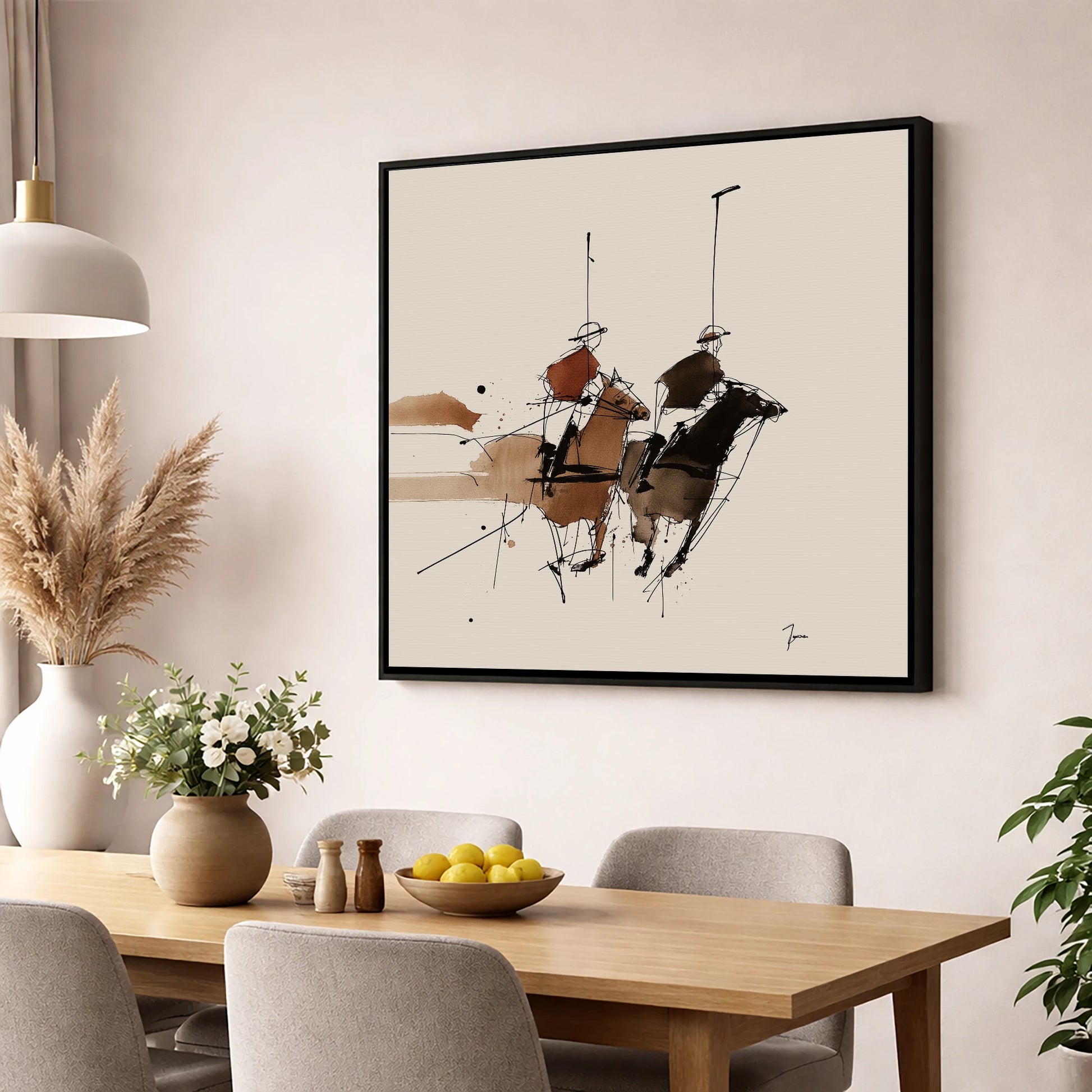 The High Goal polo horse wall art displayed in a dining room