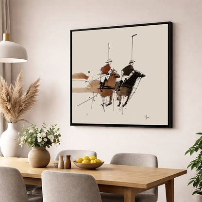 The High Goal polo horse wall art displayed in a dining room