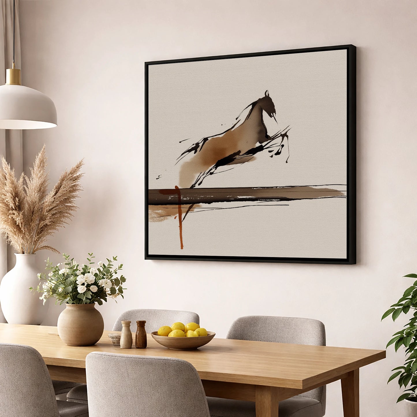 Airborne Elegance show jumping horse wall art displayed in a dining room