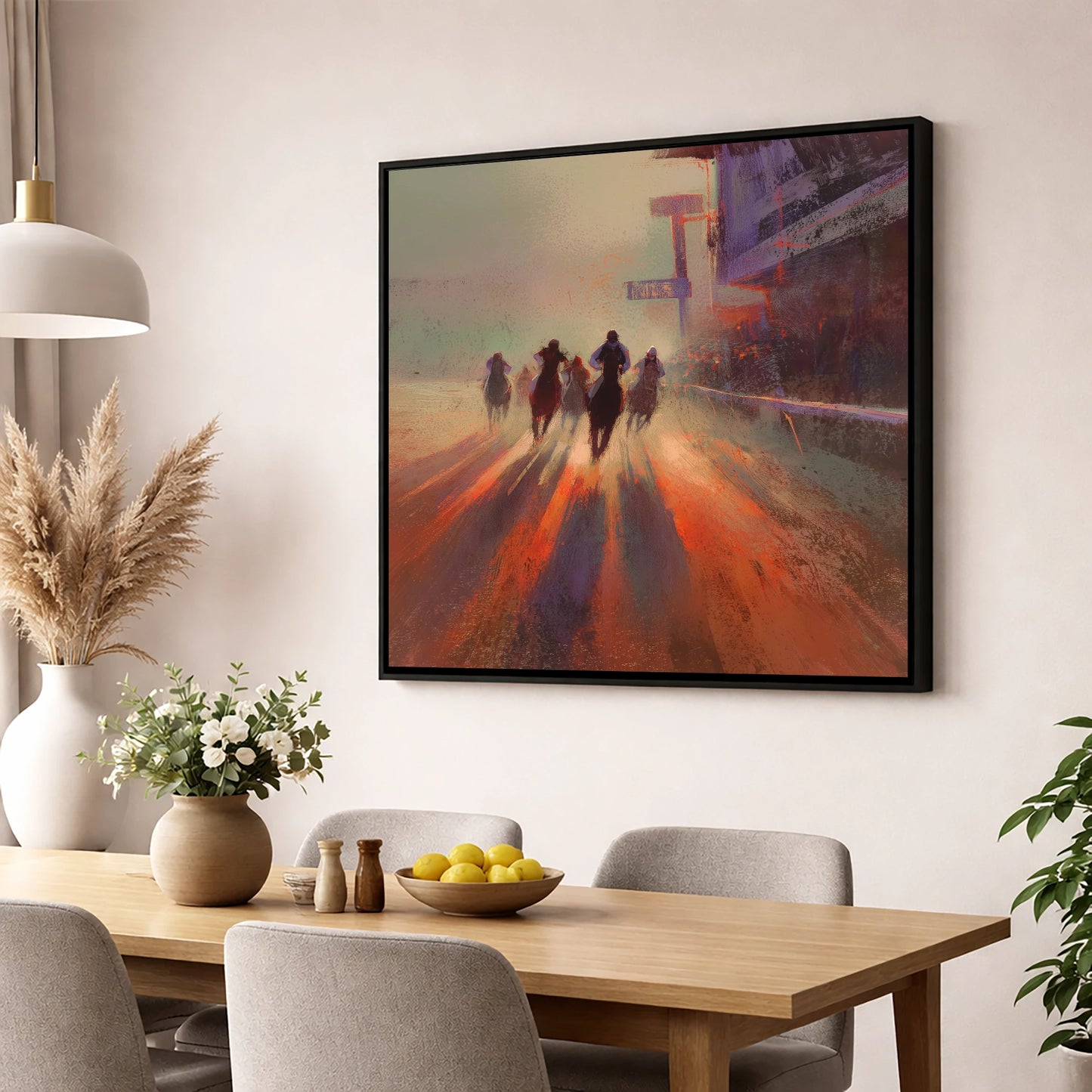 Shadows on the Track racing horse wall art displayed in a dining room