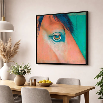 Soulful Emerald Gaze horse portrait wall art displayed in a dining room