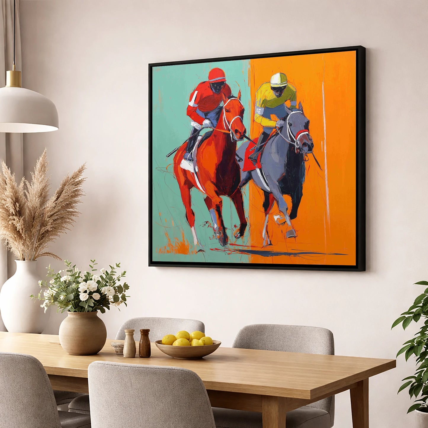 Neck and Neck racing horse wall art displayed in a dining room