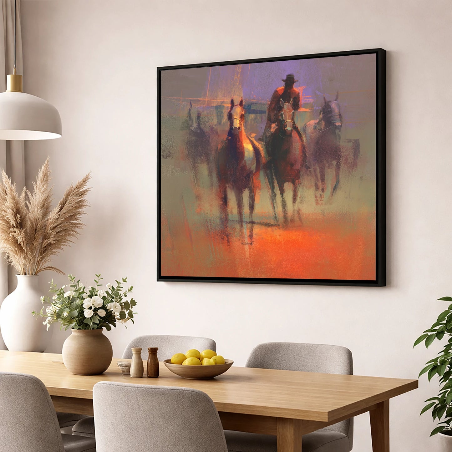 Through the Morning Dust racing horse wall art displayed in a dining room
