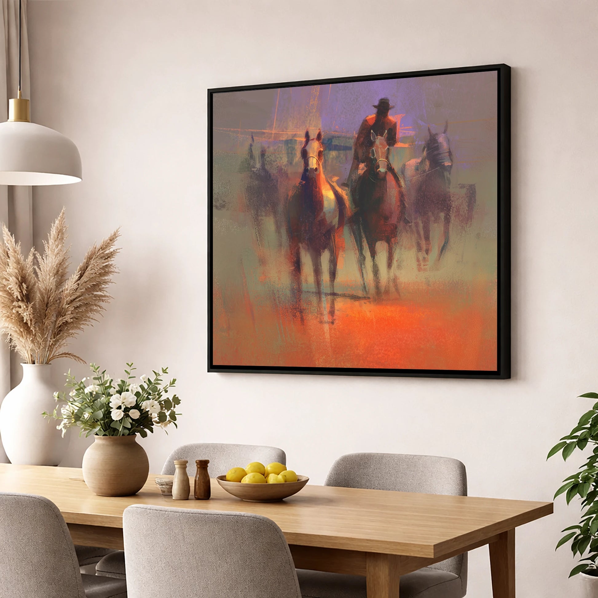 Through the Morning Dust racing horse wall art displayed in a dining room