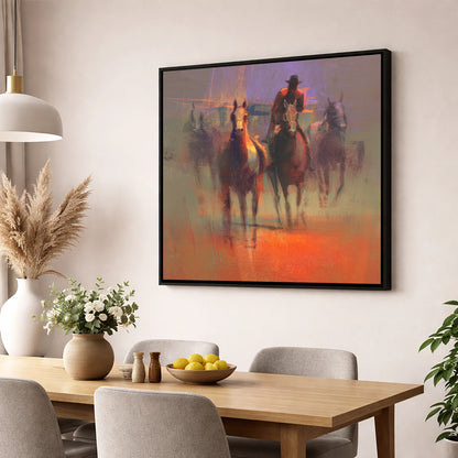 Through the Morning Dust racing horse wall art displayed in a dining room